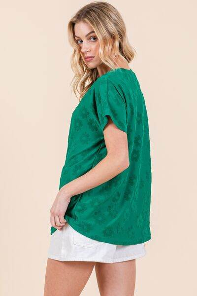 BOMBOM Textured Floral Pattern Short Sleeve T-Shirt - Hovatok