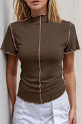 Basic Bae Contrast Trim Mock Neck Short Sleeve T-Shirt - Hovatok