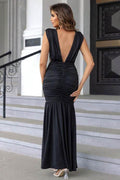 Ruched Plunge Sleeveless Maxi Dress - Hovatok
