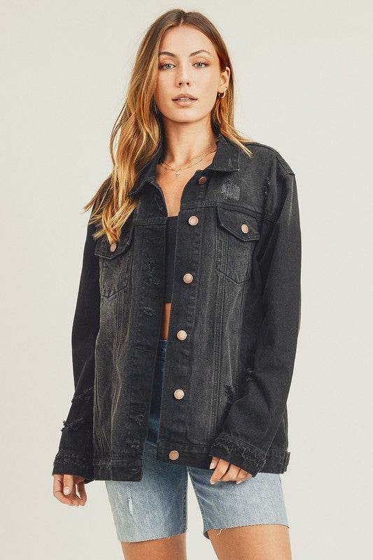 RISEN Full Size Distressed Long Sleeve Denim Jacket - Hovatok