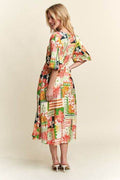 ADORA Floral V-Neck Puff Sleeve Midi Dress - Hovatok