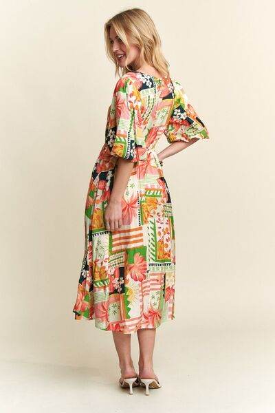ADORA Floral V-Neck Puff Sleeve Midi Dress - Hovatok