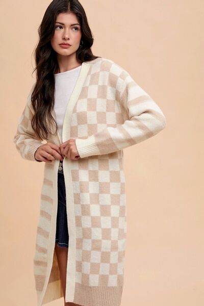 Annie Wear Checkered & Striped Open Front Long Sleeve Cardigan - Hovatok