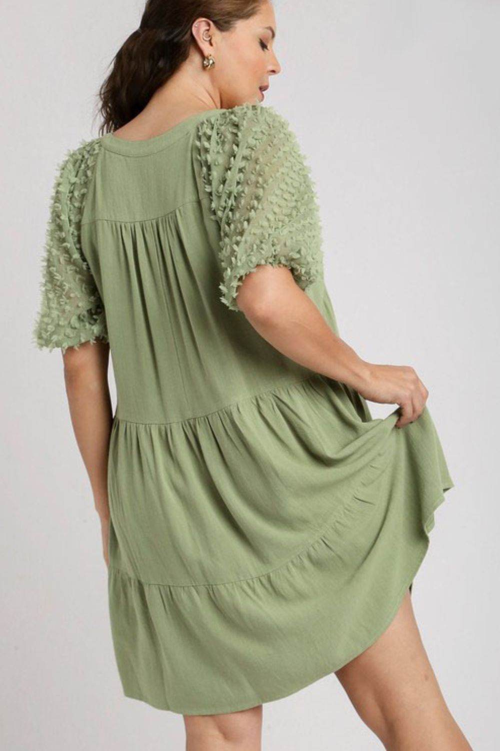 Umgee Full Size Linen Tiered A-Line Split Neck Dress Plus Size - Hovatok