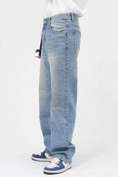 Washed Mid Rise Jeans with Pockets - Hovatok