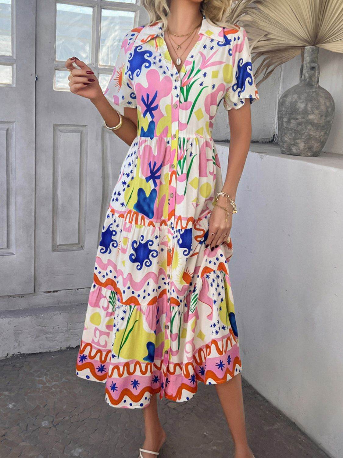 Devine Printed Johnny Collar Button Down Short Sleeve Midi Shirt Dress - Hovatok
