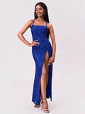 Slit Sequin Square Neck Spaghetti Strap Dress - Hovatok
