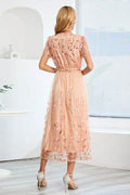 Sequin Leaf Embroidery Tie Front Short Sleeve Dress - Hovatok