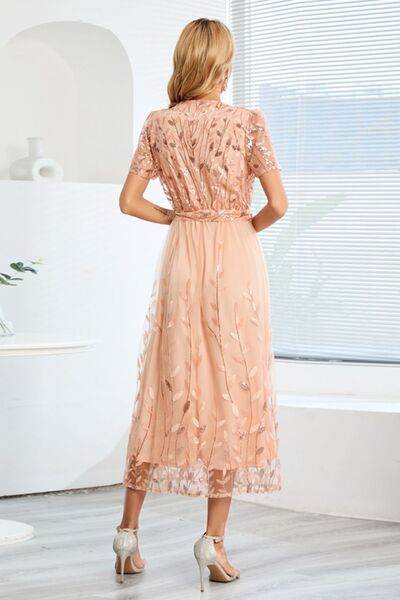 Sequin Leaf Embroidery Tie Front Short Sleeve Dress - Hovatok