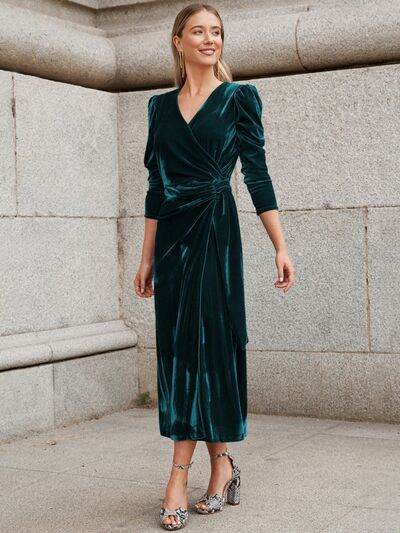 Surplice Puff Sleeve Midi Dress - Hovatok