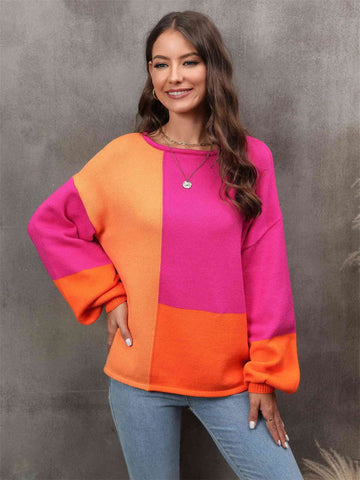 Angel Wings Color Block Round Neck Dropped Shoulder Sweater - Hovatok