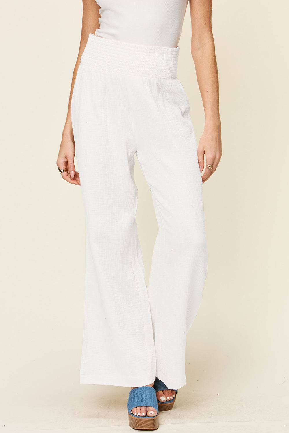 Double Take Full Size Texture Smocked Waist Wide Leg Pants - Hovatok