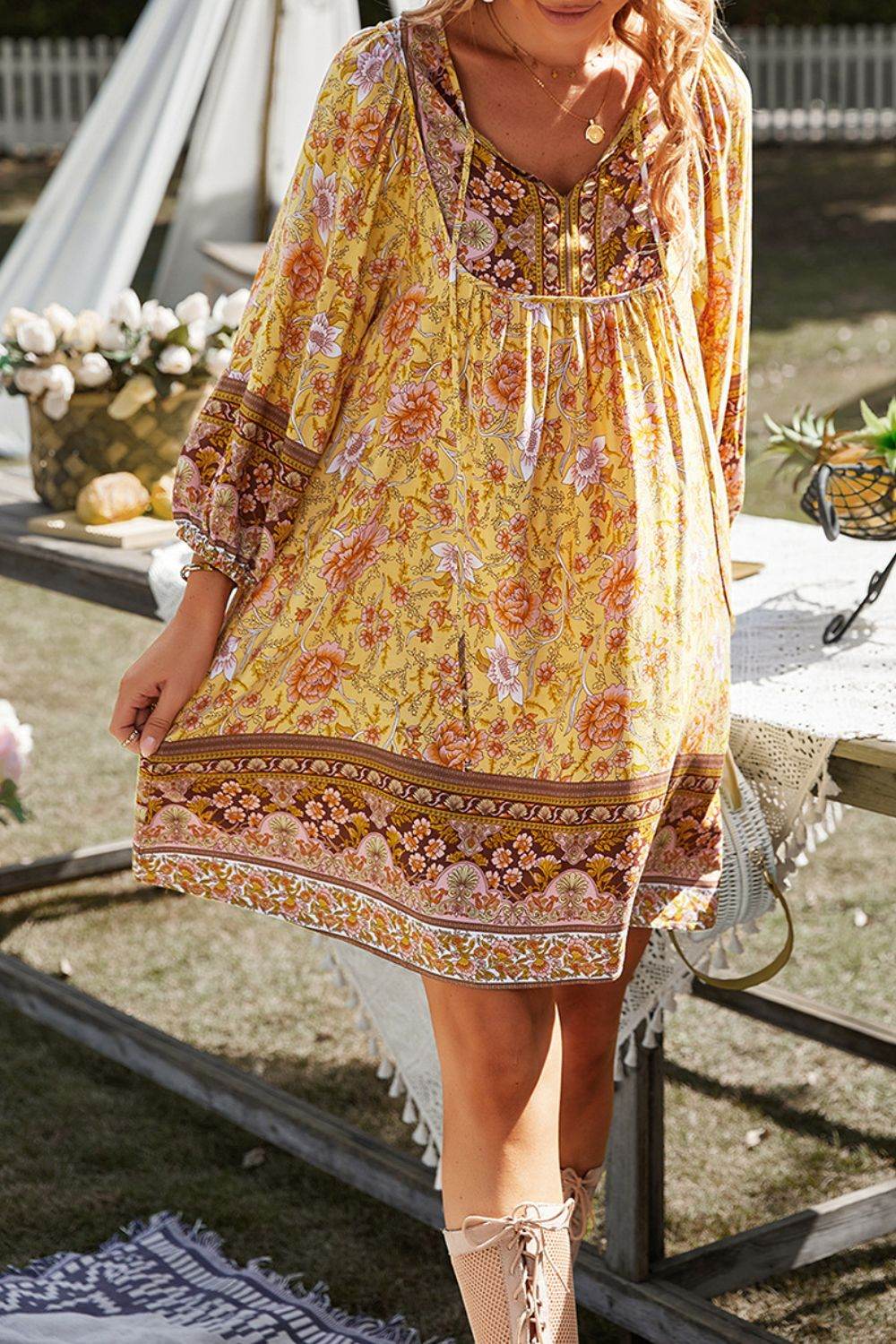 Devine Printed Tie Neck Mini Dress - Hovatok