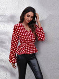 Plaid V-Neck Balloon Sleeve Peplum Blouse - Hovatok