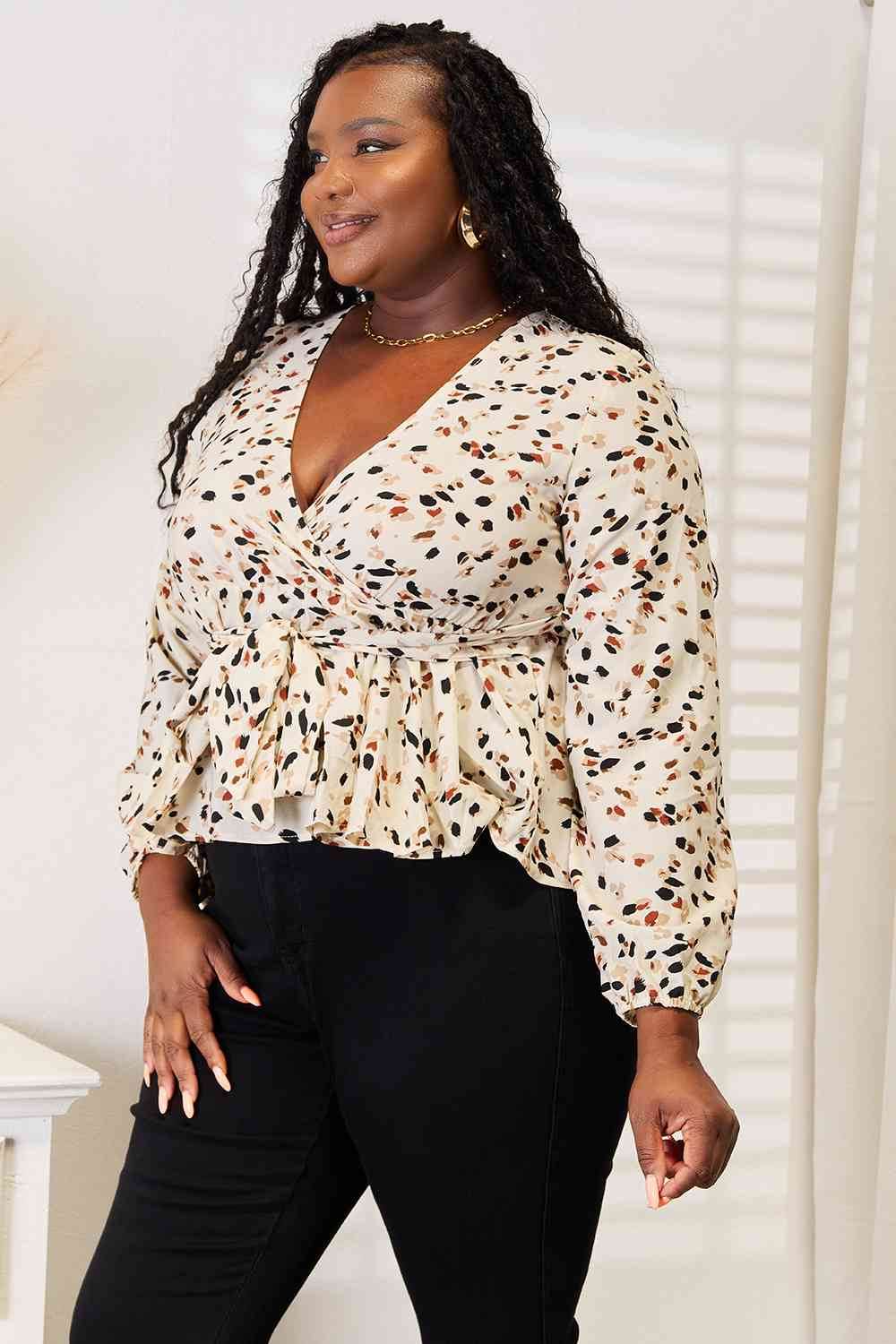Honey Printed Tied Plunge Peplum Blouse - Hovatok