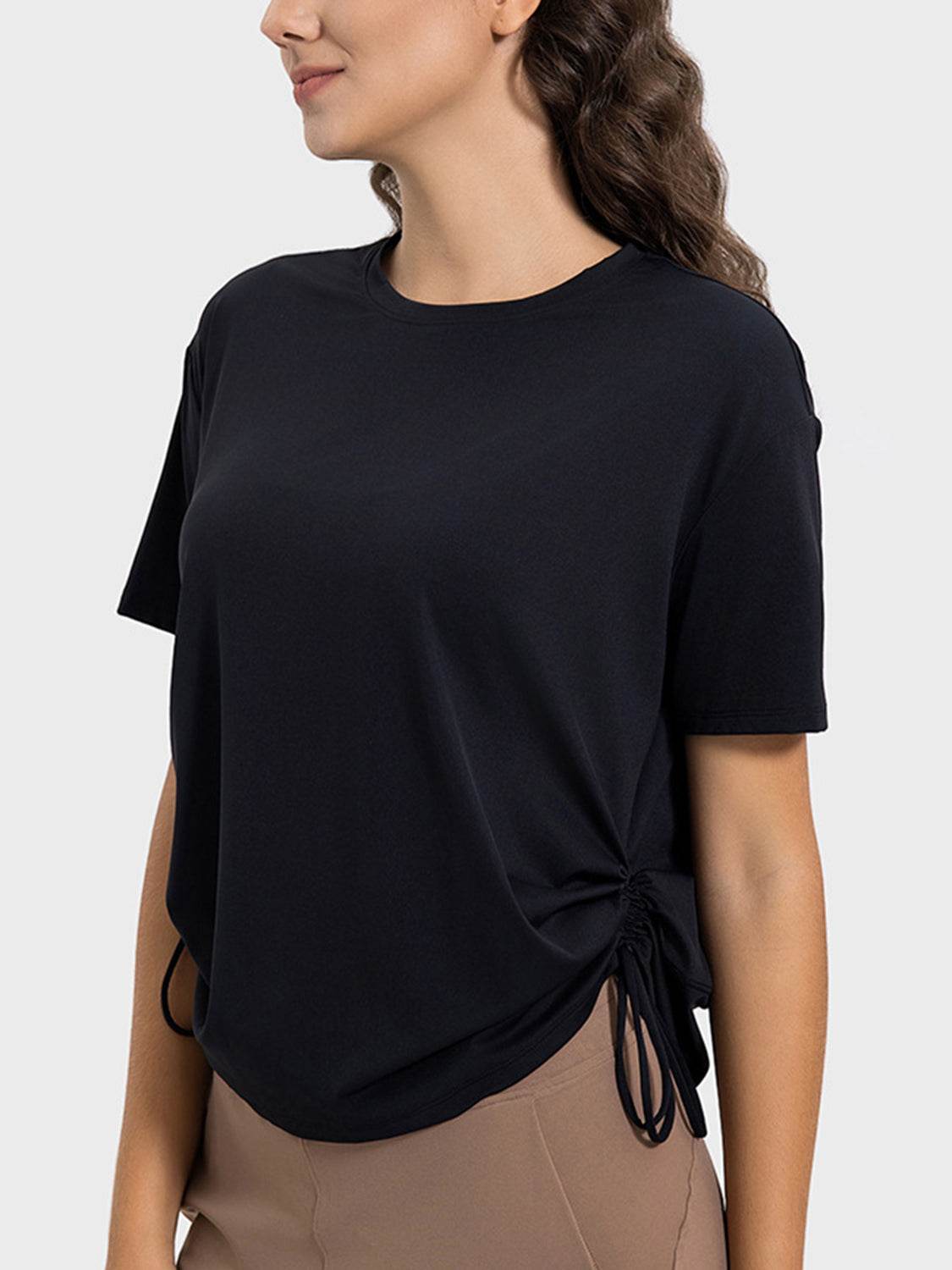 Millennia Drawstring Round Neck Short Sleeve Active T-Shirt - Hovatok