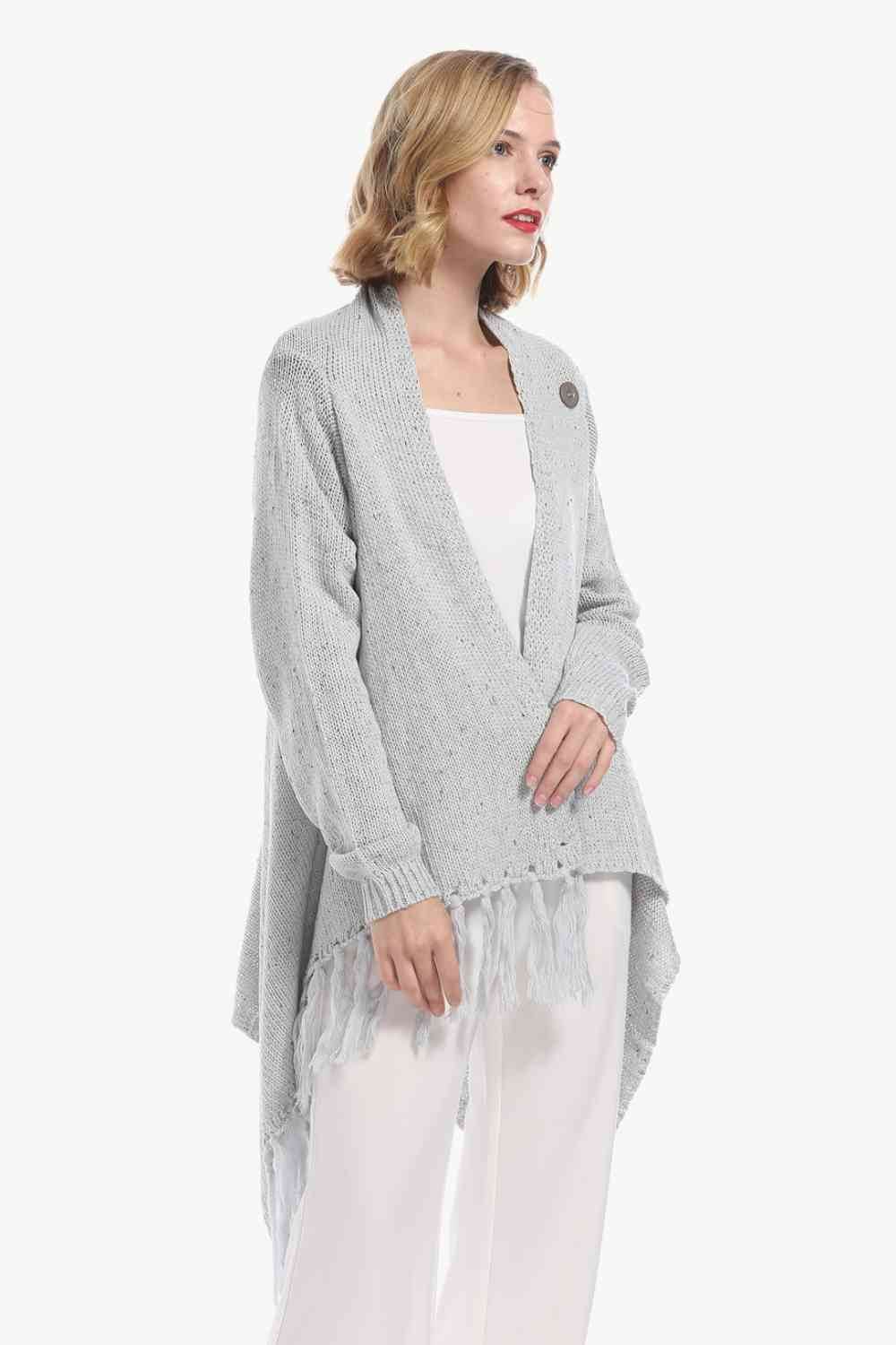 Angel Wings One-Button Tassel Tie Asymmetrical Hem Cardigan - Hovatok
