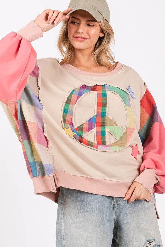SAGE + FIG Full Size Contrast Peace Patch Dropped Shoulder Sweatshirt - Hovatok