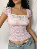 Devine Lace Square Neck Short Sleeve Top - Hovatok