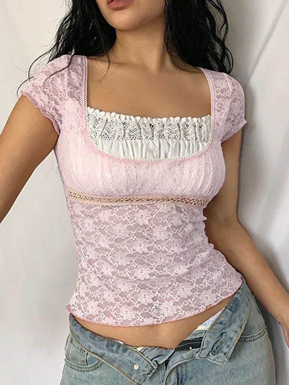 Devine Lace Square Neck Short Sleeve Top - Hovatok