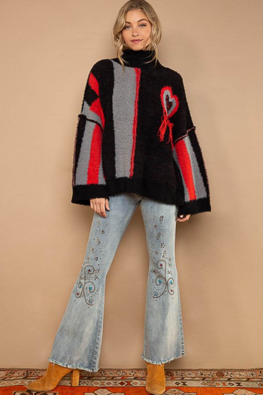 POL Turtleneck Color Block Fringe Detail Sweater - Hovatok