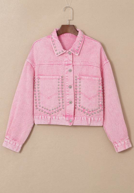 Studded Button Up Denim Jacket - Hovatok