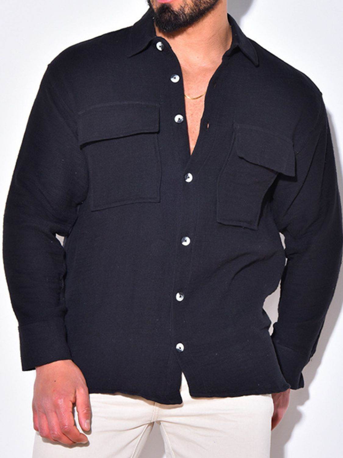 Men's Full Size Collared Neck Long Sleeve Shirt with Chest Pockets Plus Size - Hovatok