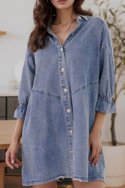 Distressed Collared Neck Flounce Sleeve Denim Dress - Hovatok