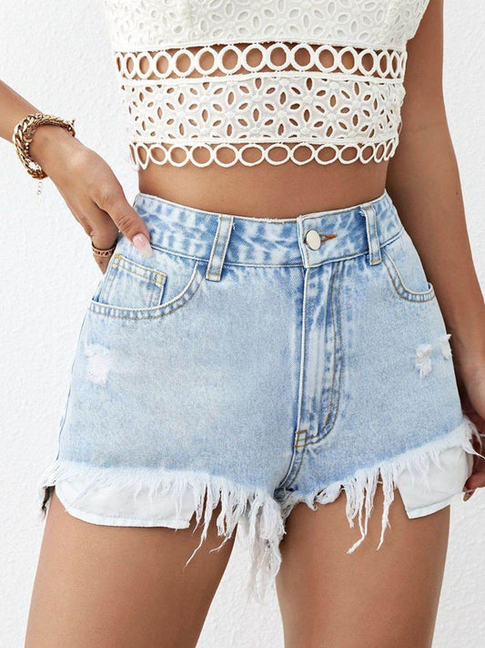 Distressed Raw Hem Denim Shorts - Hovatok