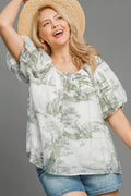 Umgee Full Size Two Tone Toile Print Top Plus Size - Hovatok