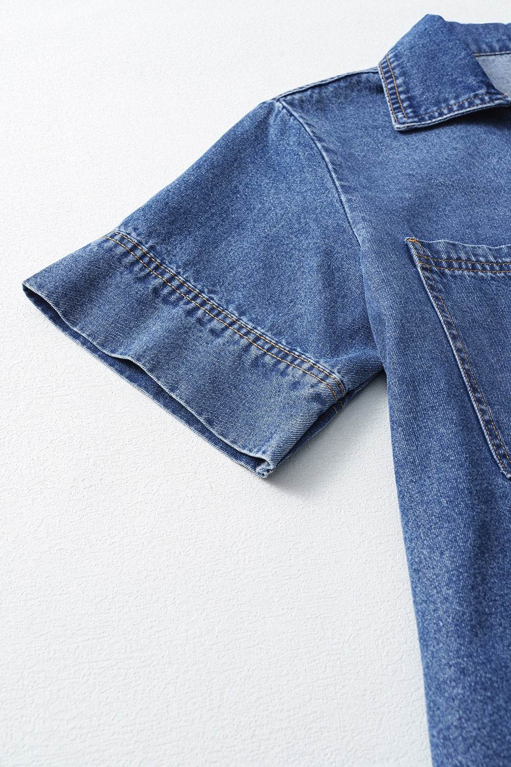 Short Sleeve Collared Patched Pocket Denim Mini Dress - Hovatok