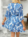 Devine Printed Surplice Ruffled 3/4 Sleeve Mini Dress - Hovatok