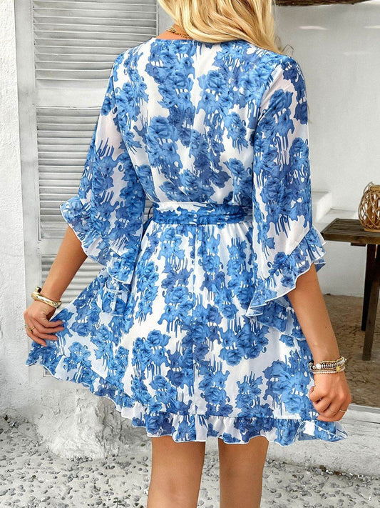 Devine Printed Surplice Ruffled 3/4 Sleeve Mini Dress - Hovatok