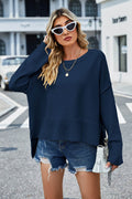 High-Low Slit Round Neck Long Sleeve Sweater - Hovatok