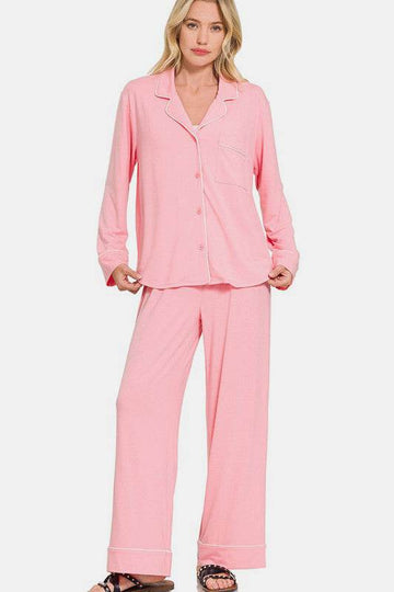 Zenana Button Down Long Sleeve Top and Pants Lounge Set - Hovatok