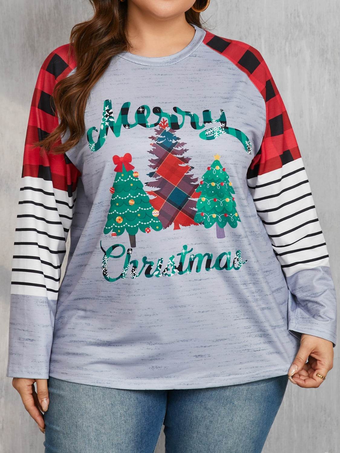 Plus Size Christmas Tree Plaid Round Neck Long Sleeve T-Shirt - Hovatok