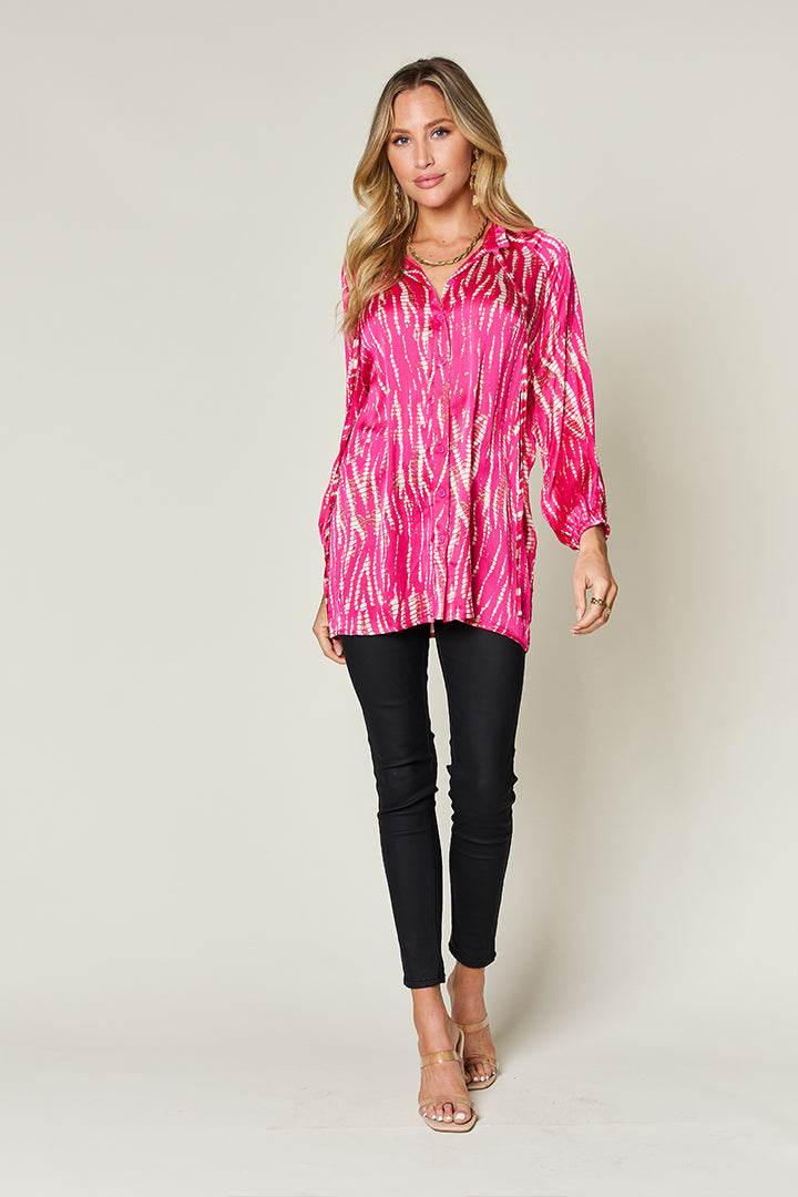 Double Take Full Size Printed Button Up Long Sleeve Shirt - Hovatok