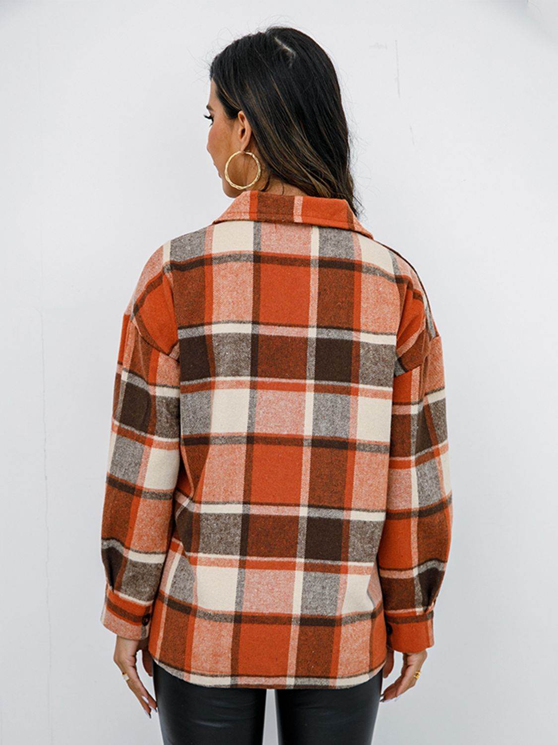 Shiny Plaid Button Up Collared Neck Jacket - Hovatok