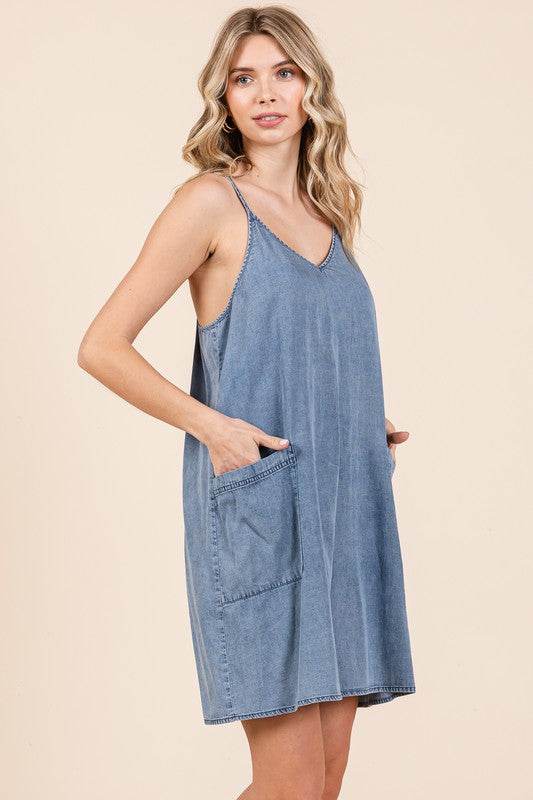 Mittoshop Washed Patch Pocket Mini Cami Denim Dress - Hovatok