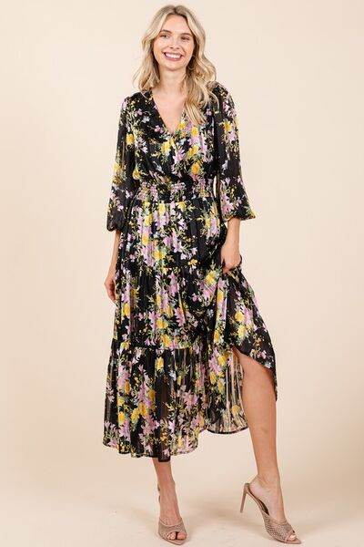 Mittoshop Flower Print Satin Lurex Stripe Smocked Midi Dress - Hovatok
