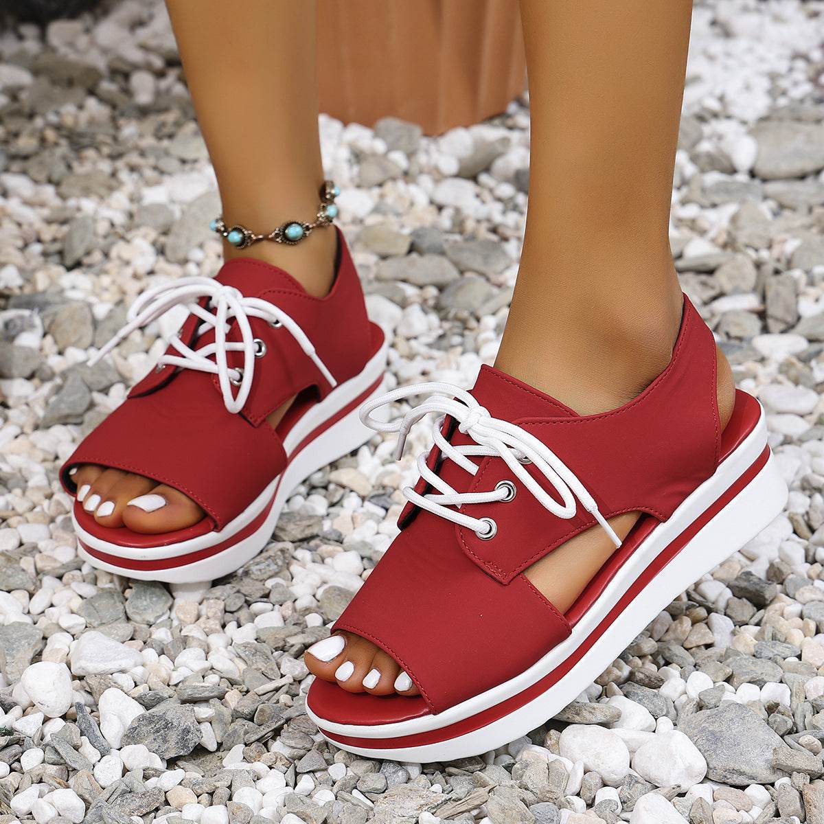 Open-Toe Lace Up Platform Sandals - Hovatok