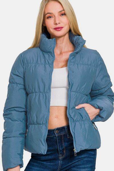 Zenana Zip Up Turtleneck Puffer Jacket with Pockets - Hovatok