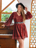 Plus Size Lace Detail V-Neck Long Sleeve Mini Dress - Hovatok