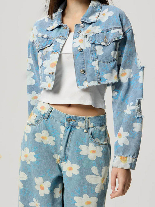Distressed Raw Hem Floral Collared Neck Denim Top - Hovatok