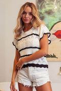BiBi Pointelle Contrast Striped Short Sleeve Knit Top - Hovatok