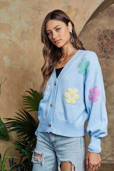 ADORA Flower Button Down Lantern Sleeve Cardigan - Hovatok