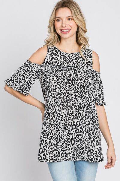 Heimish Full Size Leopard Round Neck Cold Shoulder T-Shirt Plus Size - Hovatok