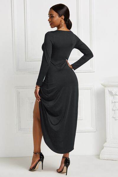 High-low Ruched Surplice Long Sleeve Dress - Hovatok