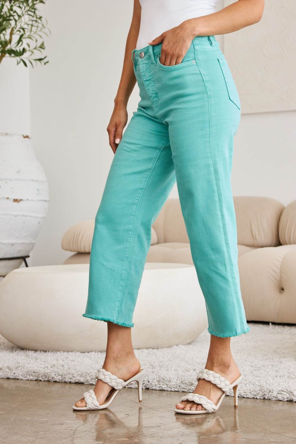RFM Crop Chloe Full Size Tummy Control High Waist Raw Hem Jeans - Hovatok