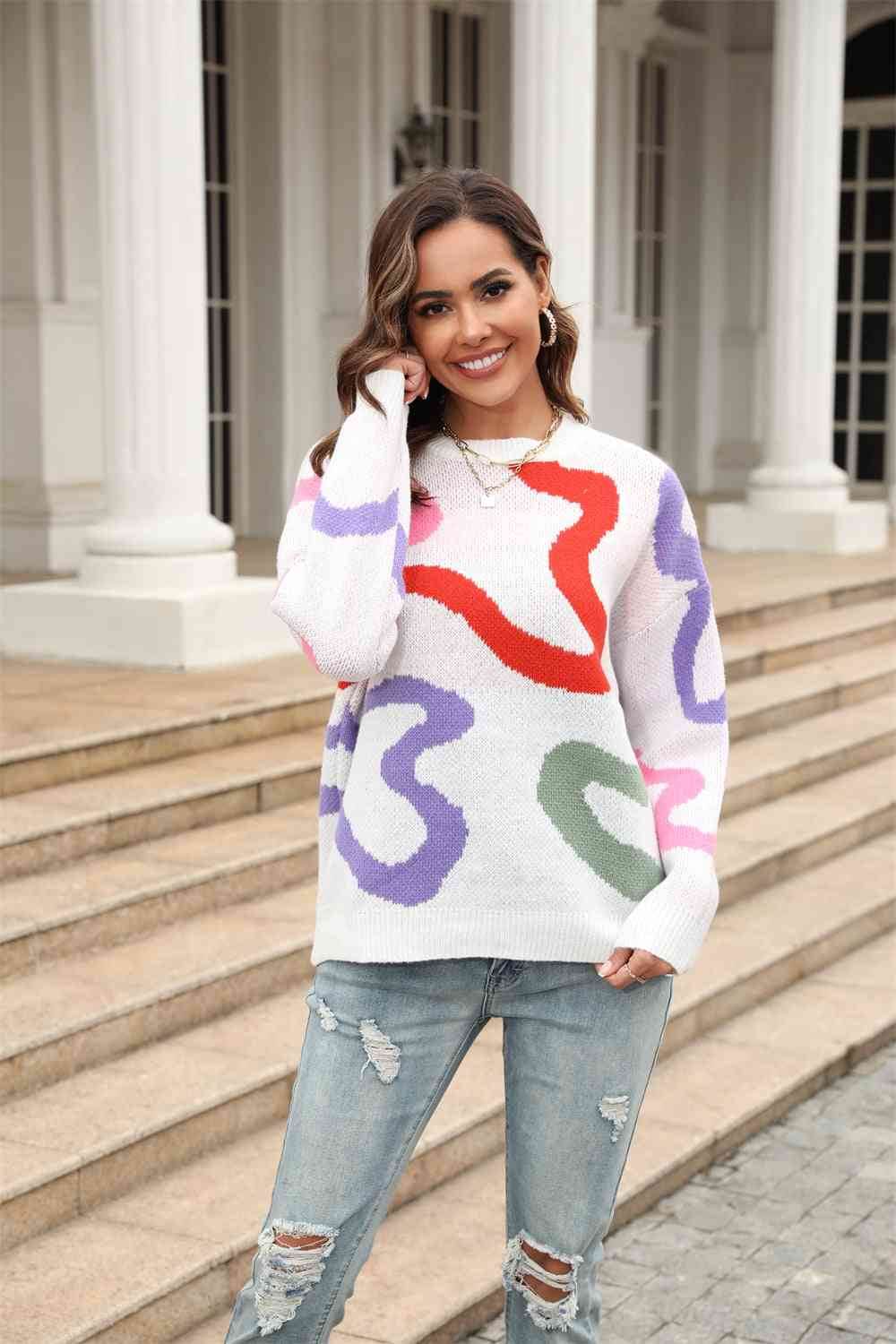 Angel Wings Printed Round Neck Dropped Shoulder Pullover Sweater - Hovatok